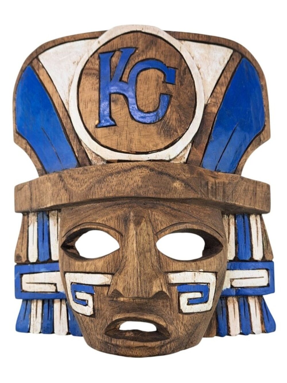 Hand-Carved Wooden Kansas City Royals Aztec Tribal Mask Blue White One Of A Kind